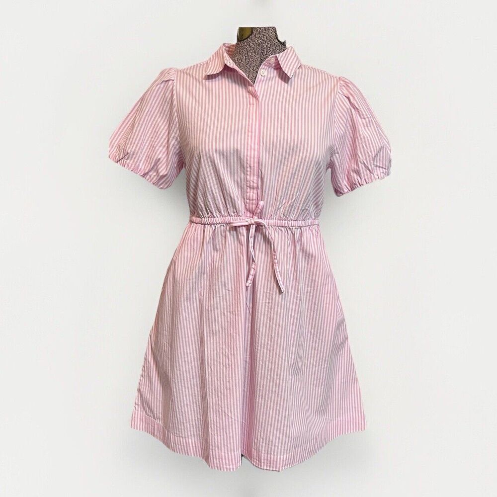 J Crew Puff Sleeve Stripe Mini Dress Womens 6 Pink Cottage Preppy Coastal Girly - Picture 2 of 9